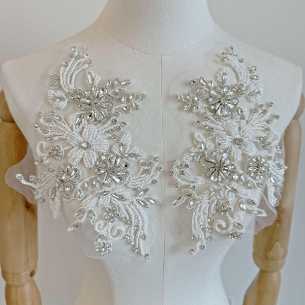 Beaded Lace Applique Pair: Elegant Bridal Bodice Trim
