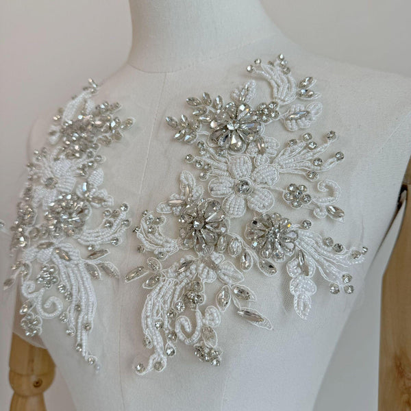 Beaded Lace Applique Pair: Elegant Bridal Bodice Trim