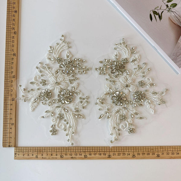 Beaded Lace Applique Pair: Elegant Bridal Bodice Trim