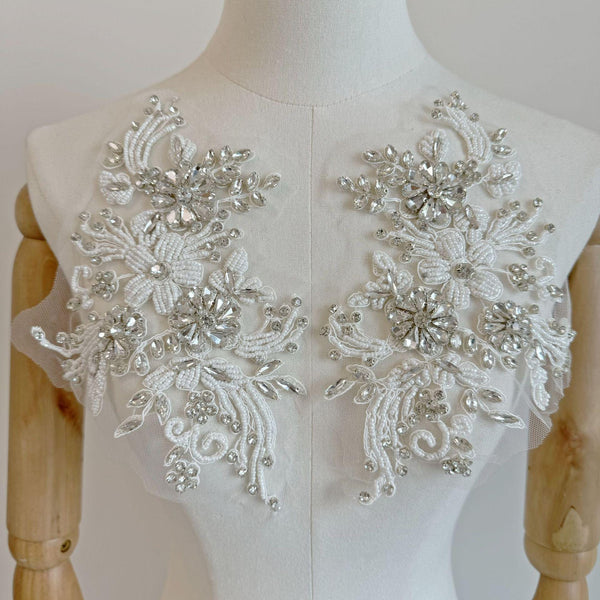 Beaded Lace Applique Pair: Elegant Bridal Bodice Trim