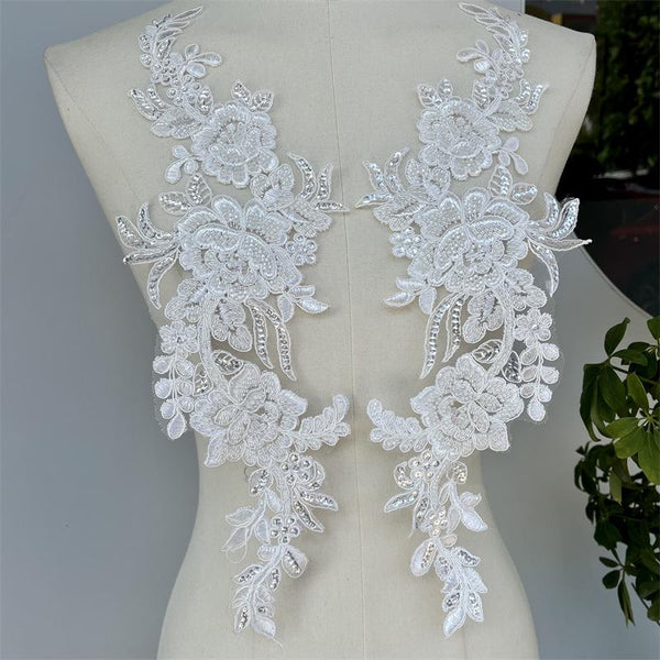 Beaded Lace Applique Pair: Elegant Bridal Bodice Trim