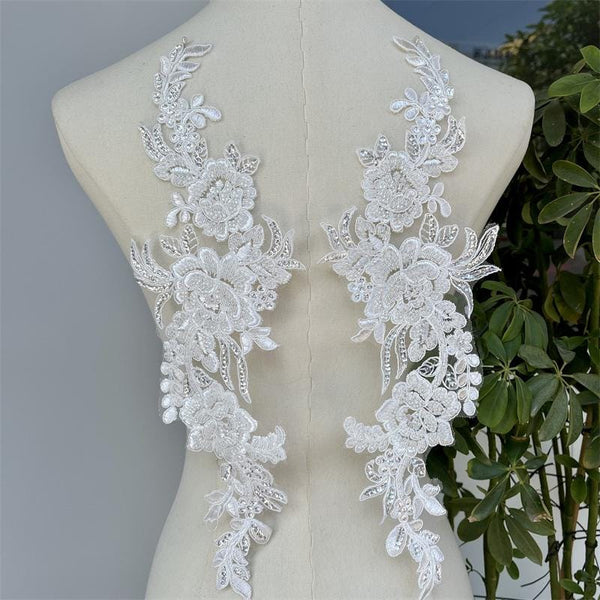 Beaded Lace Applique Pair: Elegant Bridal Bodice Trim