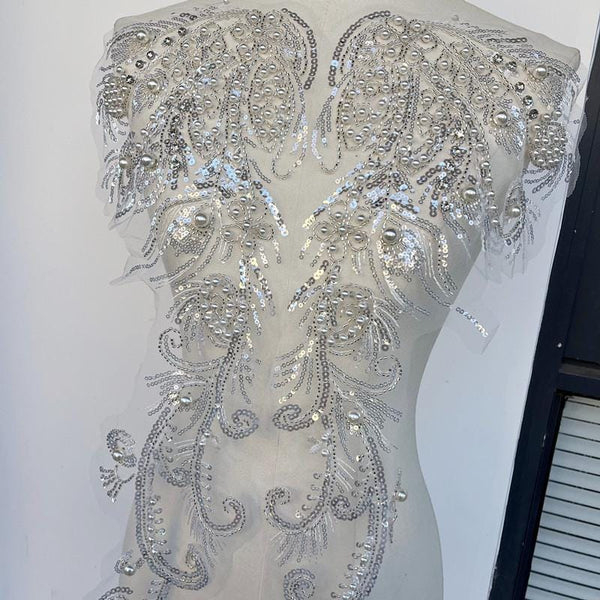 Sequin Lace Applique Pair: Elegant Bridal Bodice Trim