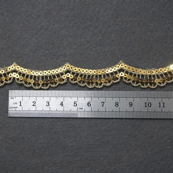 Gold Venice Scalloped Lace Trim with Sequins - 1 Inch Wide