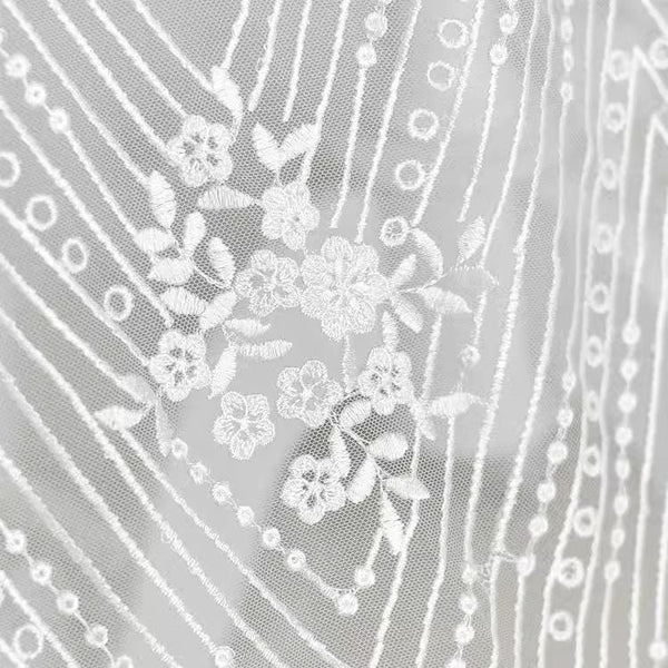 White Embroidered Bridal Lace Fabric - Corded Wedding Gown Lace