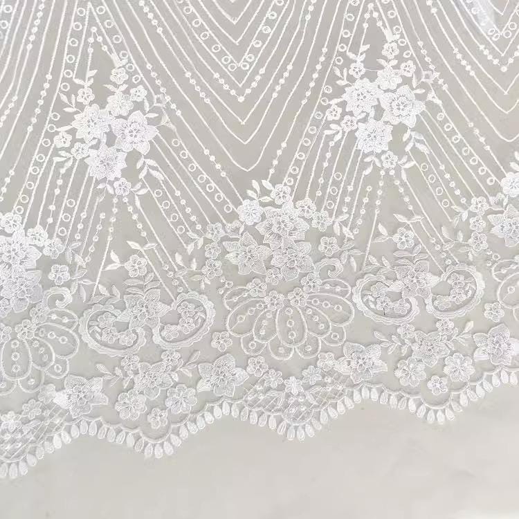 White Embroidered Bridal Lace Fabric - Corded Wedding Gown Lace
