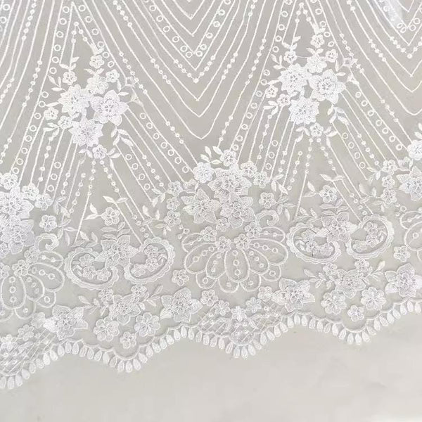 White Embroidered Bridal Lace Fabric - Corded Wedding Gown Lace