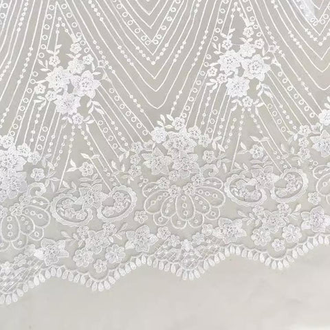 White Embroidered Bridal Lace Fabric - Corded Wedding Gown Lace