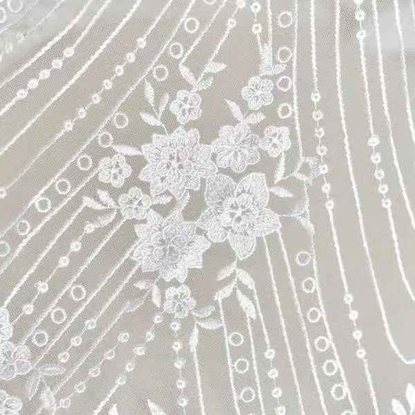 White Embroidered Bridal Lace Fabric - Corded Wedding Gown Lace