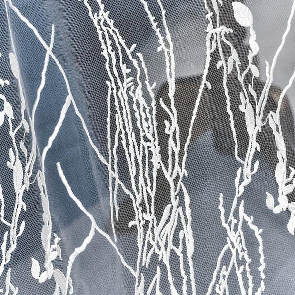 White Embroidered Bridal Lace Fabric - Corded Wedding Gown Lace