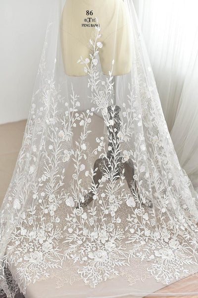 White Embroidered Bridal Lace Fabric: Corded Wedding Gown Lace by Yard