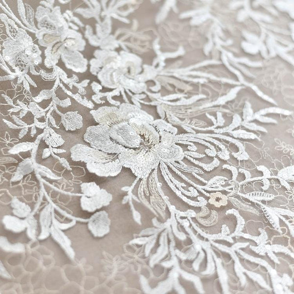 White Embroidered Bridal Lace Fabric: Corded Wedding Gown Lace by Yard