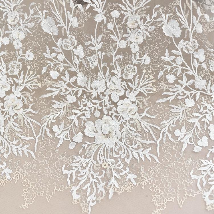 White Embroidered Bridal Lace Fabric: Corded Wedding Gown Lace by Yard