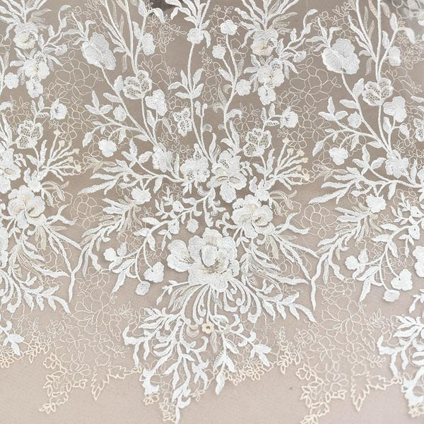 White Embroidered Bridal Lace Fabric: Corded Wedding Gown Lace by Yard