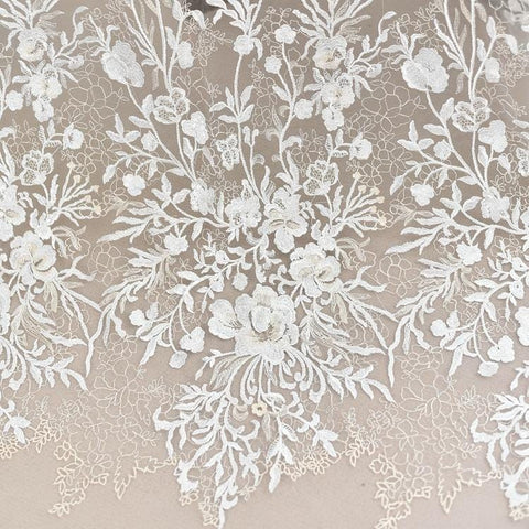 White Embroidered Bridal Lace Fabric: Corded Wedding Gown Lace by Yard