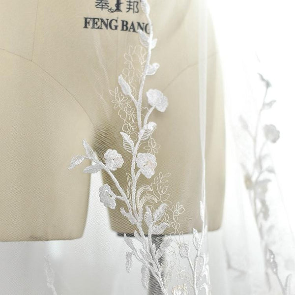 White Embroidered Bridal Lace Fabric: Corded Wedding Gown Lace by Yard