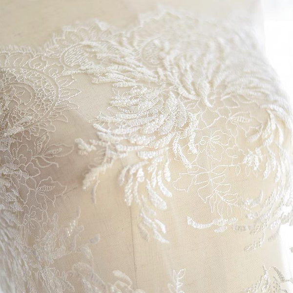 Beaded Bridal Lace Fabric: White Embroidered Corded Lace