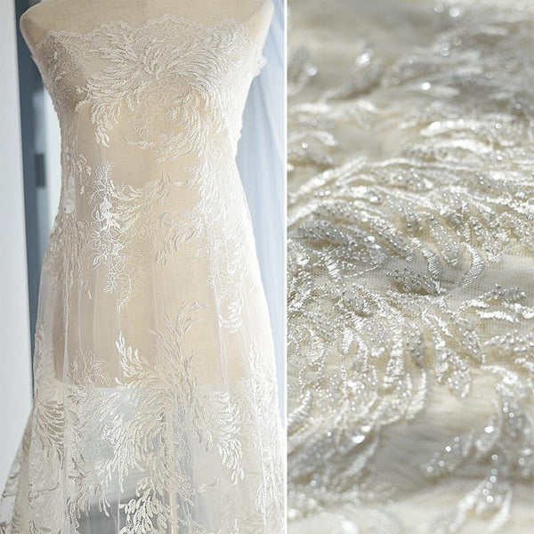 Beaded Bridal Lace Fabric: White Embroidered Corded Lace