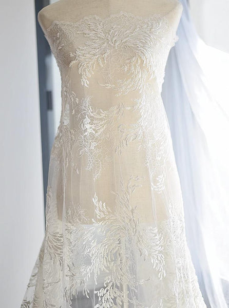 Beaded Bridal Lace Fabric: White Embroidered Corded Lace