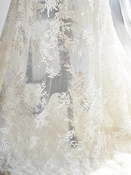 Beaded Bridal Lace Fabric: White Embroidered Corded Lace