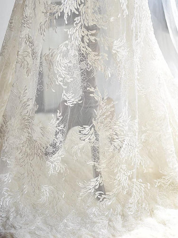 Beaded Bridal Lace Fabric: White Embroidered Corded Lace