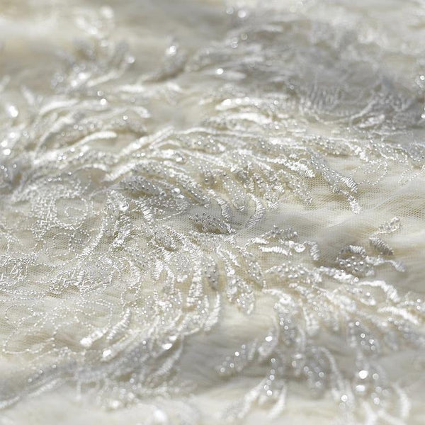 Beaded Bridal Lace Fabric: White Embroidered Corded Lace