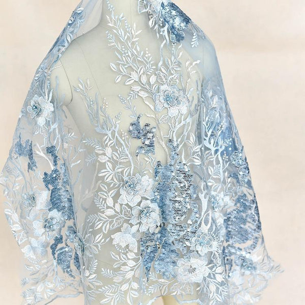 White Embroidered Bridal Lace Applique: Corded Wedding Gown Fabric