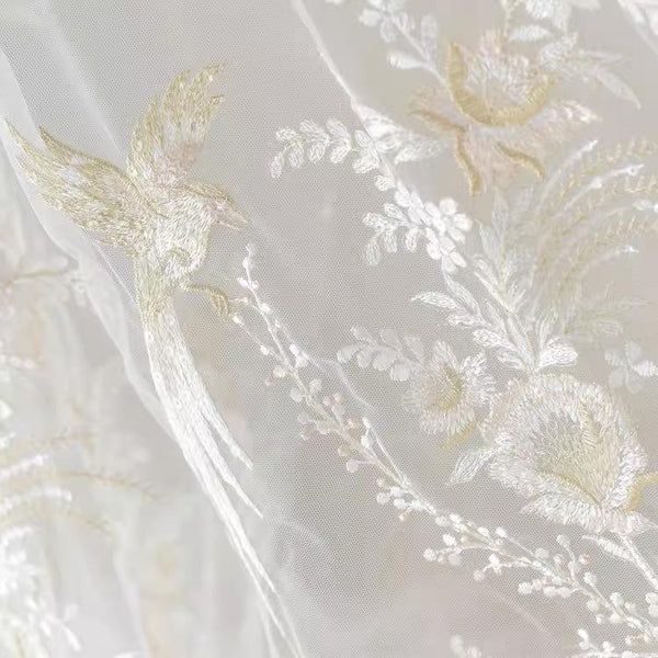 White Embroidered Bridal Lace Fabric: Corded Wedding Gown Lace
