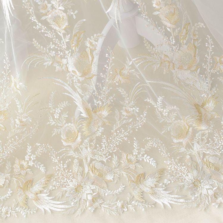 White Embroidered Bridal Lace Fabric: Corded Wedding Gown Lace