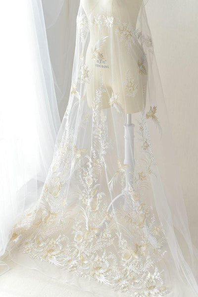 White Embroidered Bridal Lace Fabric: Corded Wedding Gown Lace
