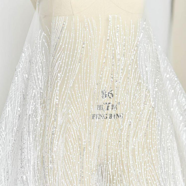 White Embroidered Bridal Lace Fabric - Corded Wedding Gown Lace