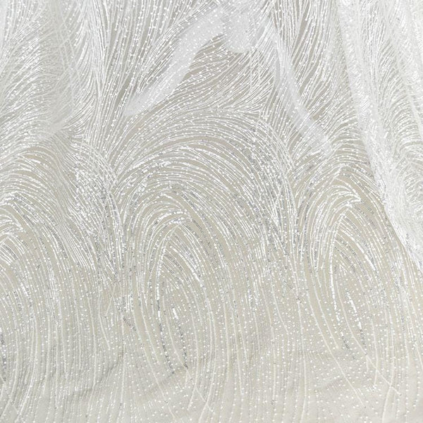 White Embroidered Bridal Lace Fabric - Corded Wedding Gown Lace