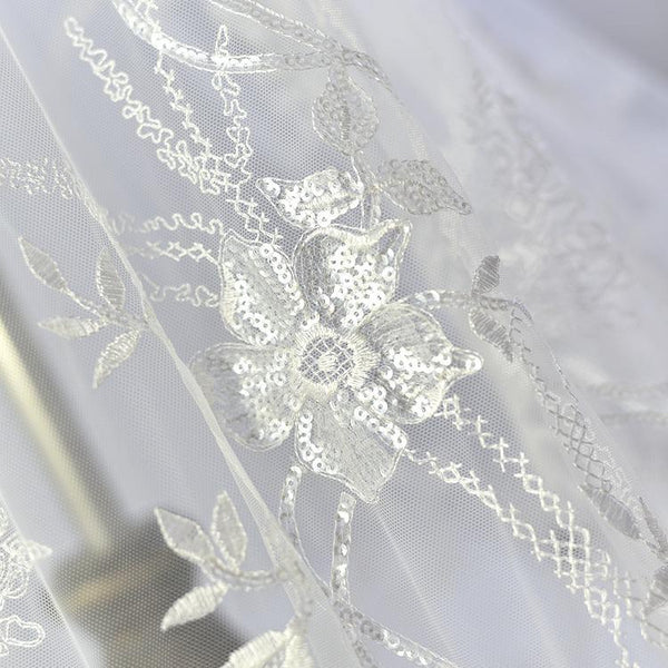 White Embroidered Bridal Lace Fabric - Corded Floral Lace by Yard