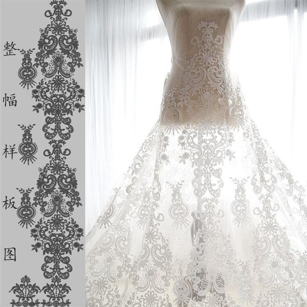 White Embroidered Bridal Lace Fabric - Corded Wedding Gown Lace By The Yard