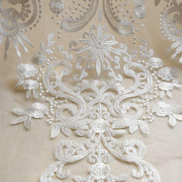 White Embroidered Bridal Lace Fabric - Corded Wedding Gown Lace By The Yard