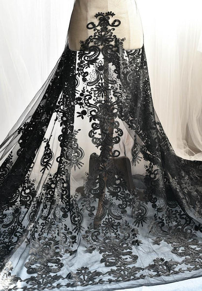 White Embroidered Bridal Lace Fabric - Corded Wedding Gown Lace By The Yard