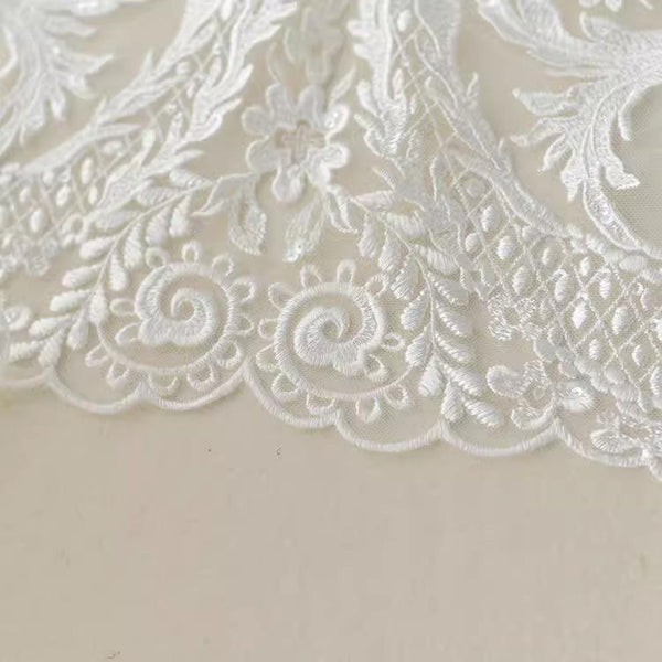 White Embroidered Bridal Lace Fabric - Corded Lace for Wedding Dress