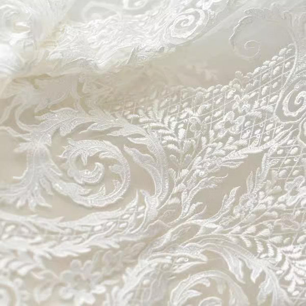 White Embroidered Bridal Lace Fabric - Corded Lace for Wedding Dress