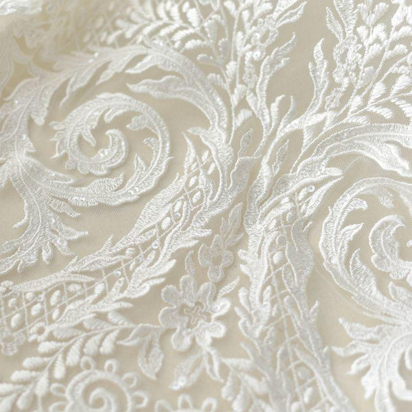 White Embroidered Bridal Lace Fabric - Corded Lace for Wedding Dress