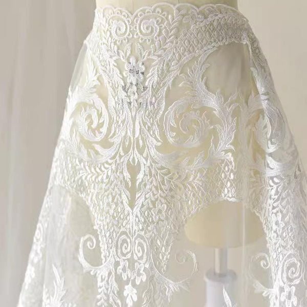 White Embroidered Bridal Lace Fabric - Corded Lace for Wedding Dress