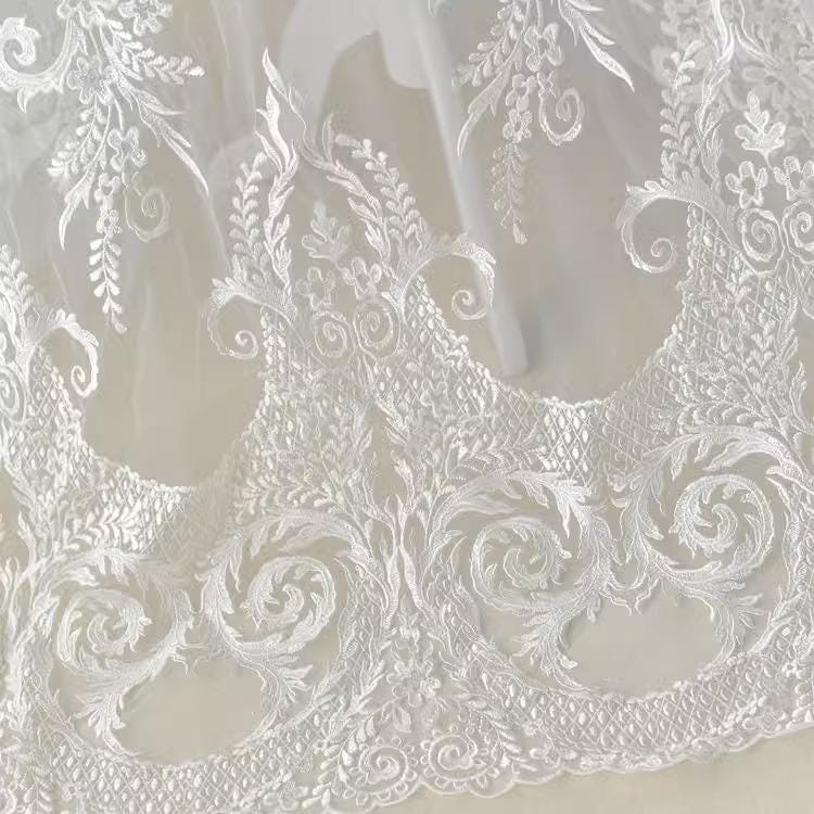 White Embroidered Bridal Lace Fabric - Corded Lace for Wedding Dress
