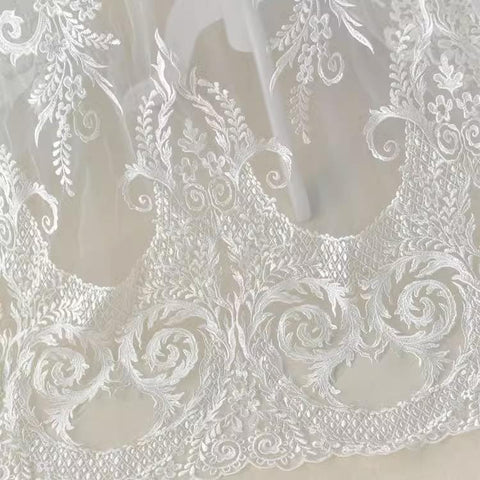 White Embroidered Bridal Lace Fabric - Corded Lace for Wedding Dress