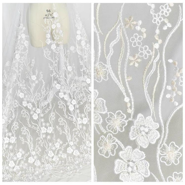 White Embroidered Floral Lace Fabric - Bridal Gown Lace by Yard