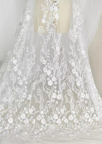 White Embroidered Floral Lace Fabric - Bridal Gown Lace by Yard