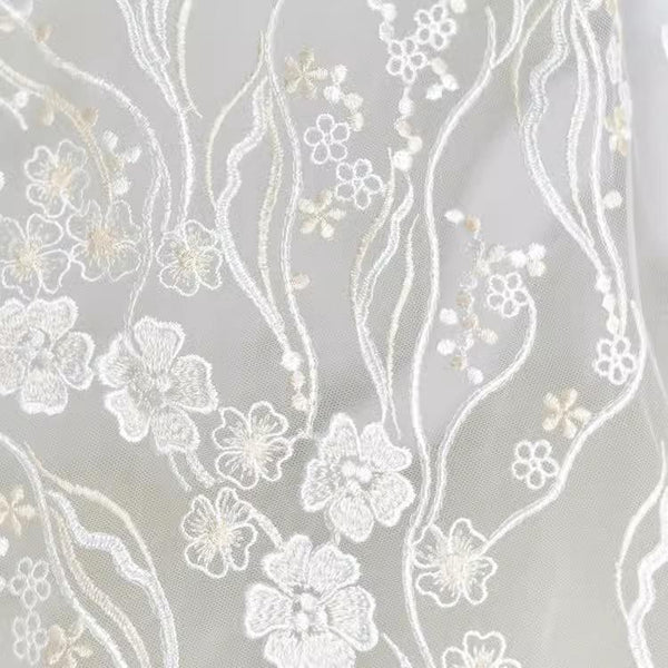 White Embroidered Floral Lace Fabric - Bridal Gown Lace by Yard