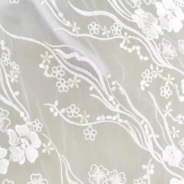 White Embroidered Floral Lace Fabric - Bridal Gown Lace by Yard