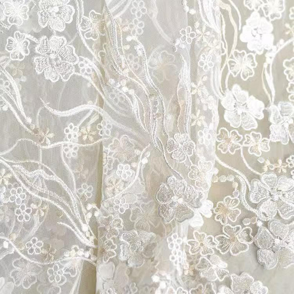 White Embroidered Floral Lace Fabric - Bridal Gown Lace by Yard