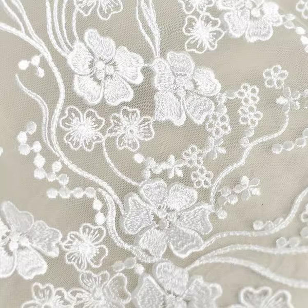 White Embroidered Floral Lace Fabric - Bridal Gown Lace by Yard