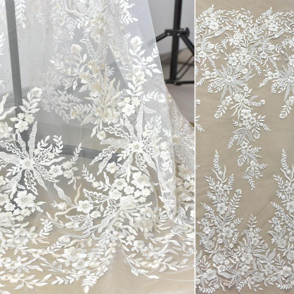White Embroidered Bridal Lace Fabric - Corded Wedding Gown Lace By The Yard