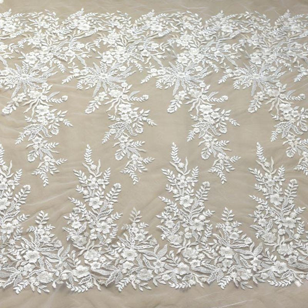 White Embroidered Bridal Lace Fabric - Corded Wedding Gown Lace By The Yard